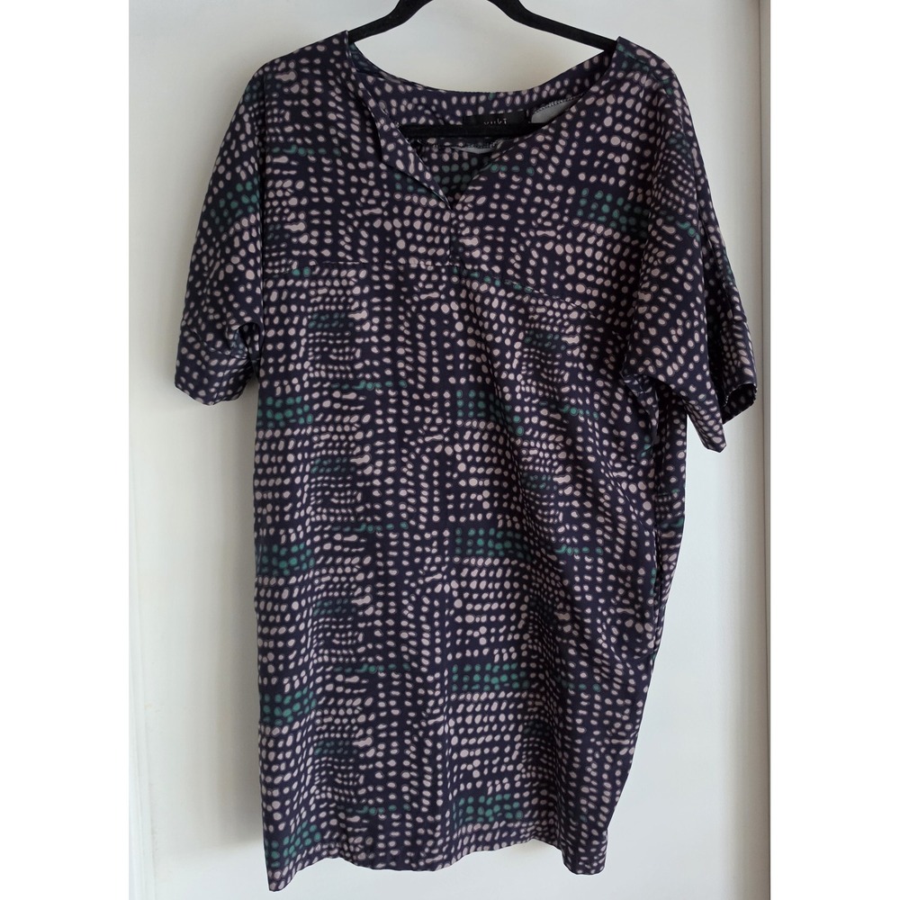 Yuki Tunic Blouse Collared Short Sleeve Dark Purple Pink Green Dotted Top